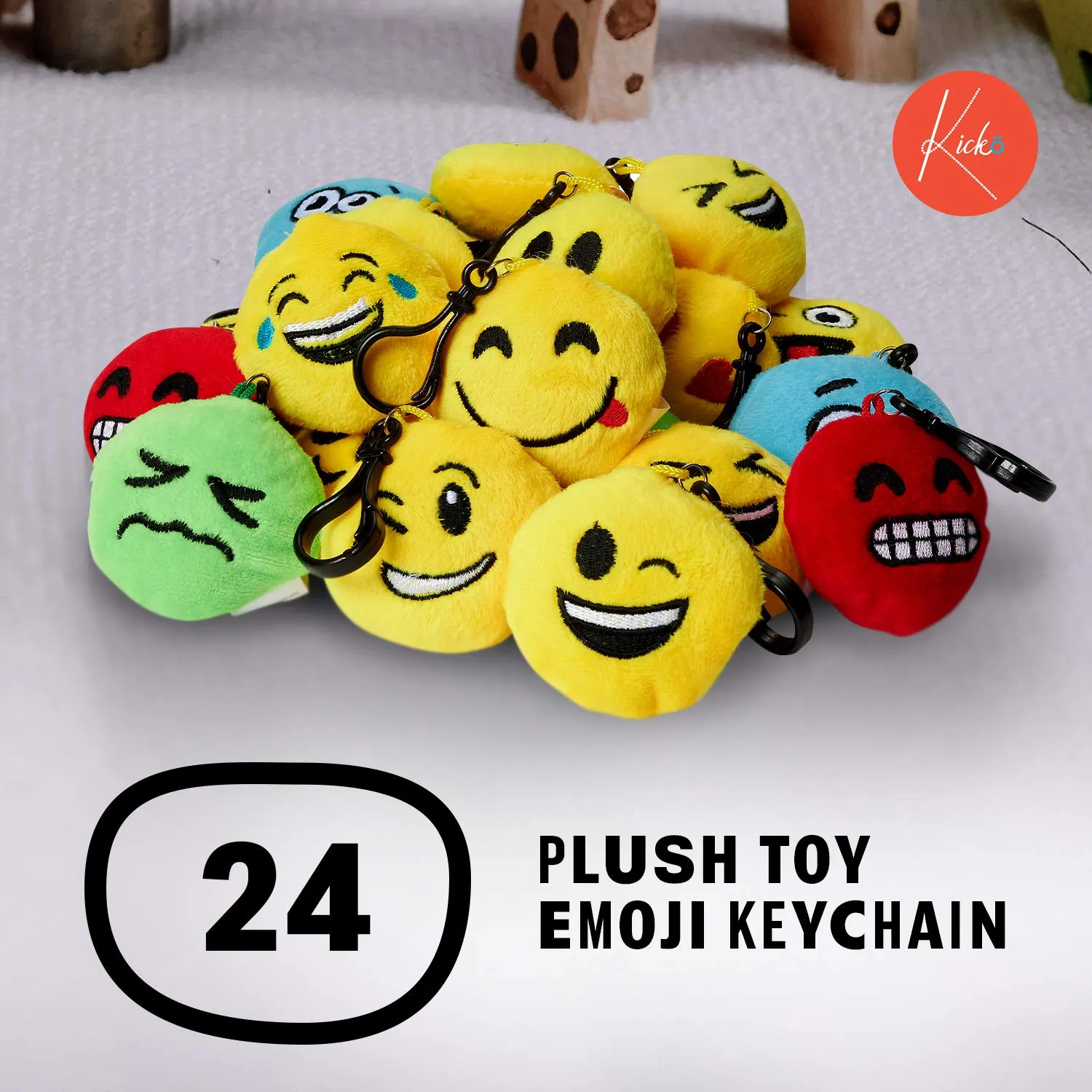 Kicko Emoji Plush Ball Keychain - 24 Pack - Emoticon Plushie Key Chain - for Party Favors