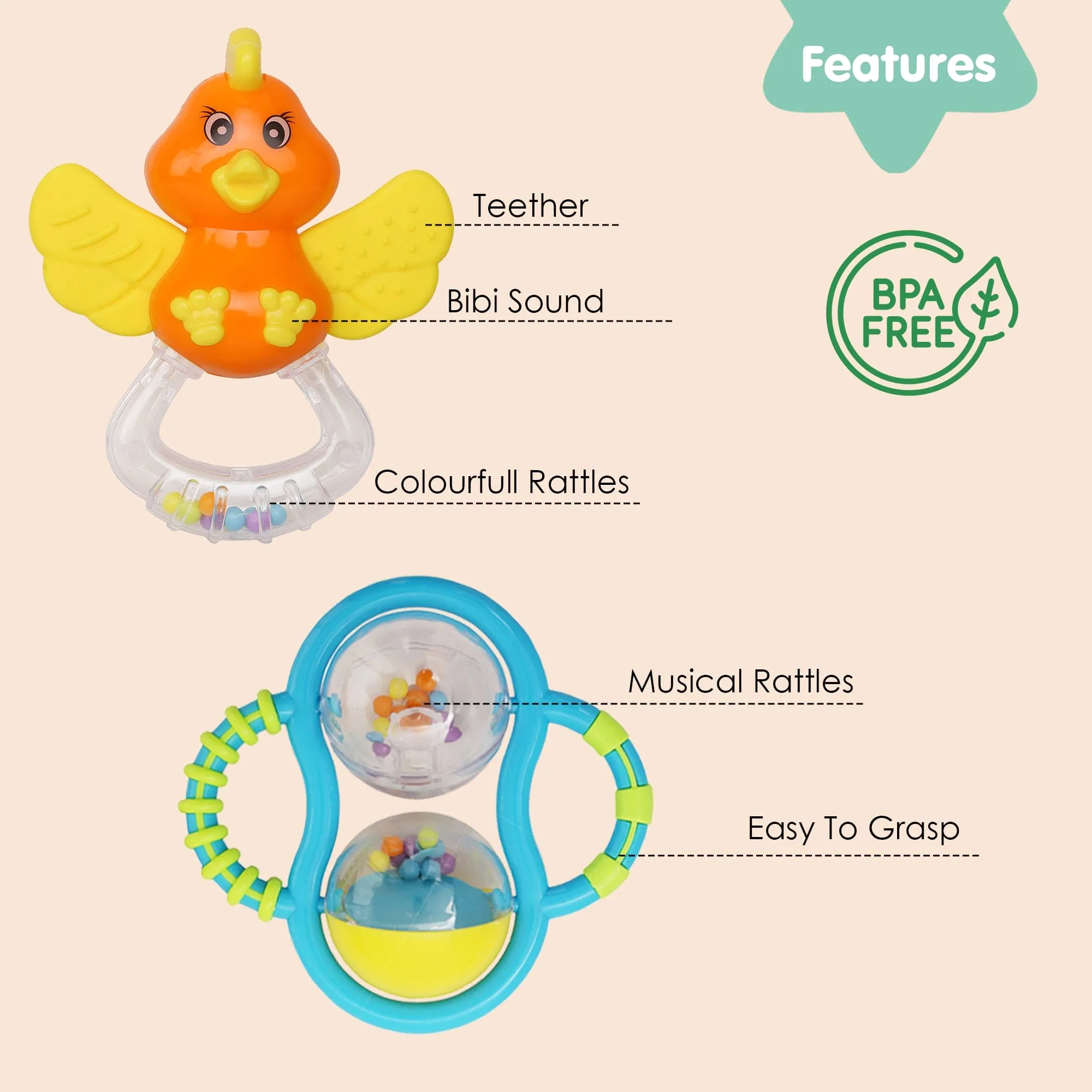 Mixed Multicolour Set of 4 Musical Rattle Toys With Light