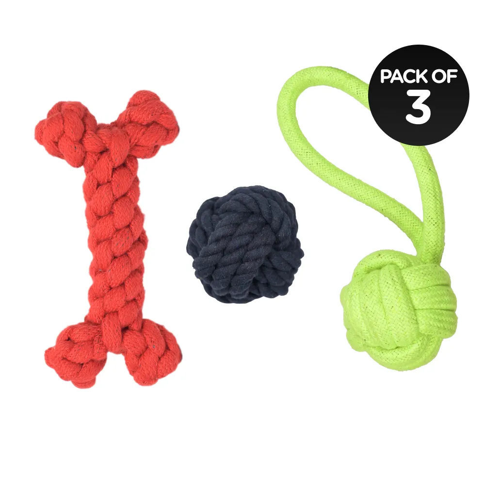 Skatrs Bone, Ball, Knotted Ball 3 in 1 Rope Chew Toy Combo for Dogs and Cats